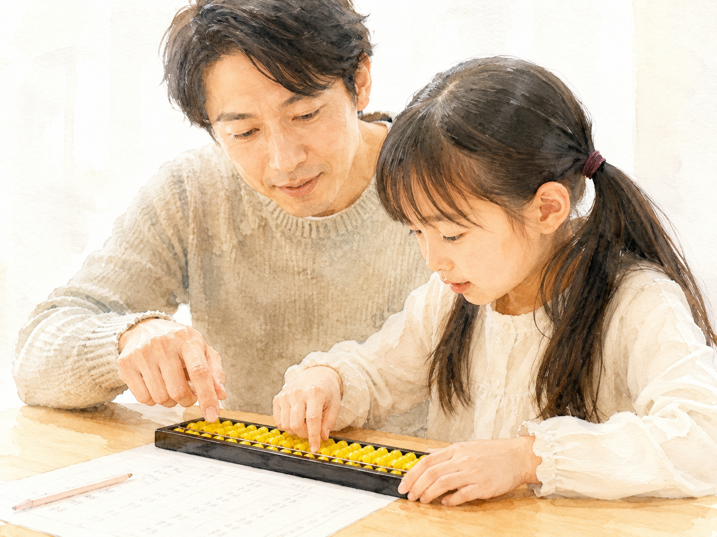 親子で黄色いそろばんを学ぶイメージ